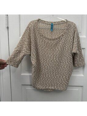 Buttons Popcorn Knit Top Women’s L Beige White Metallic Dolman Sweater